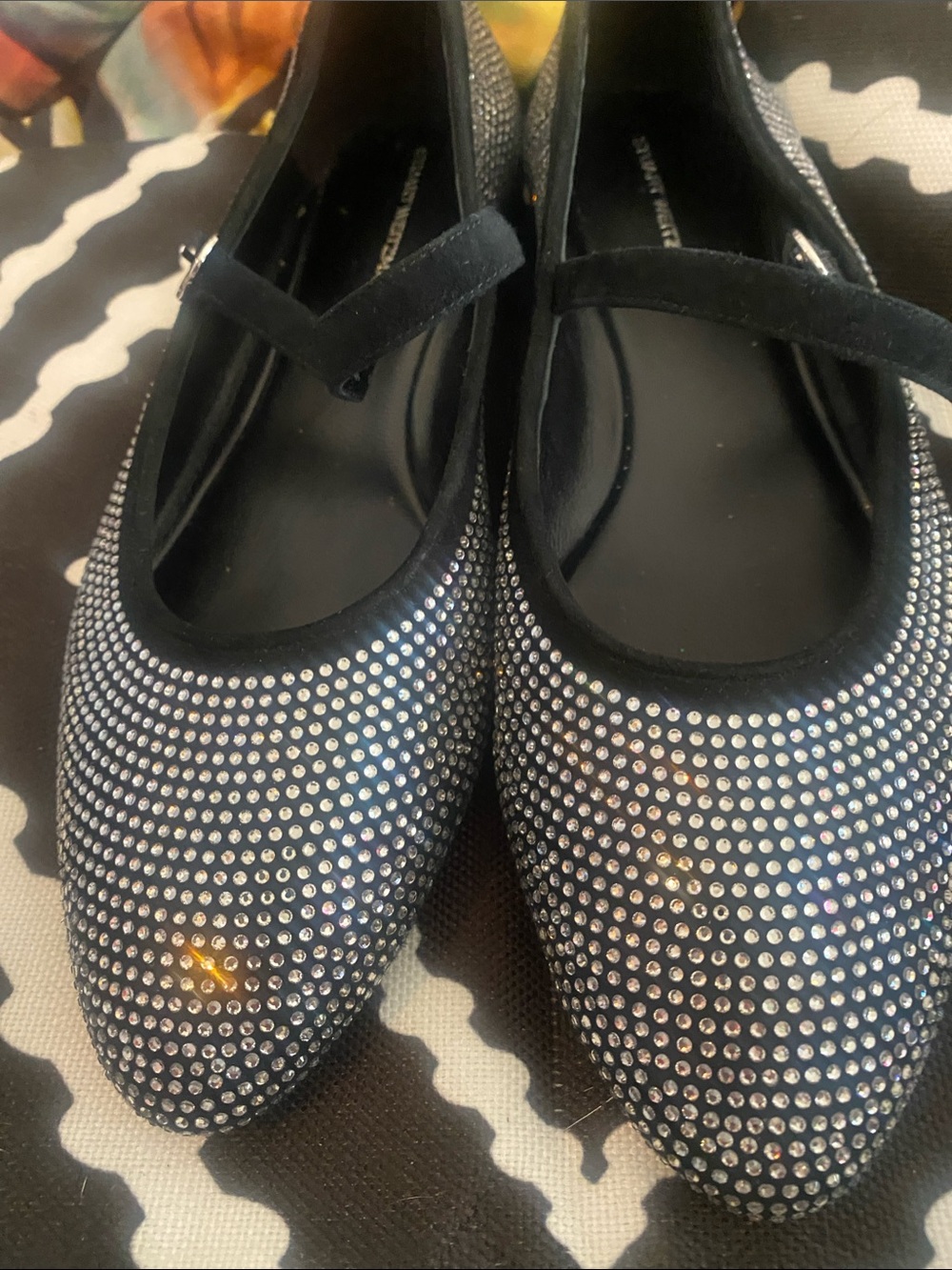 Stuart Weitzman Black Crystal-Studded Mary Jane Flats